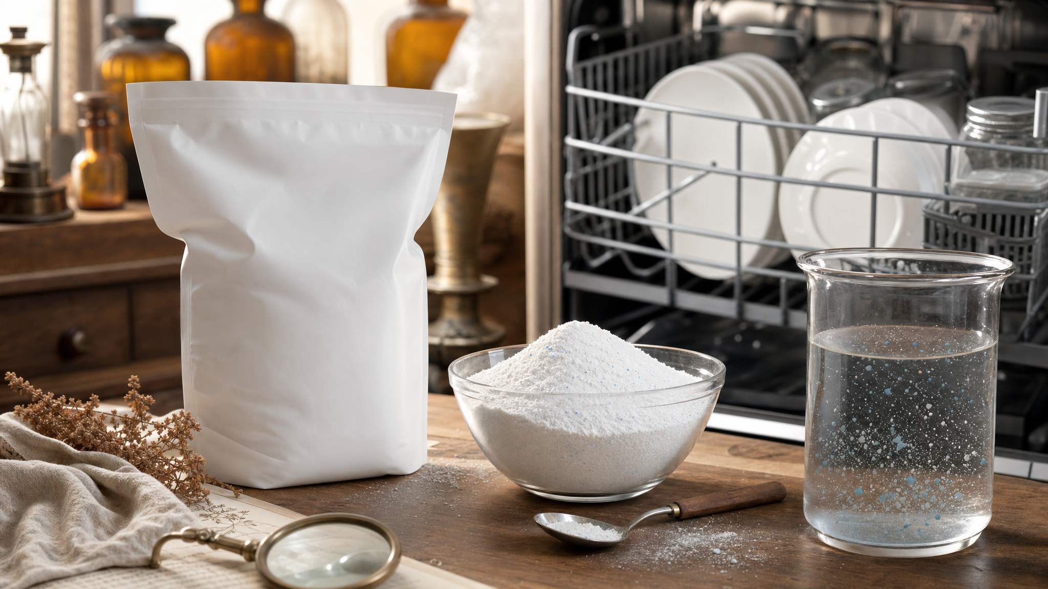 Old Chemistry dishwasher powder beside a beaker illustrating microplastics research