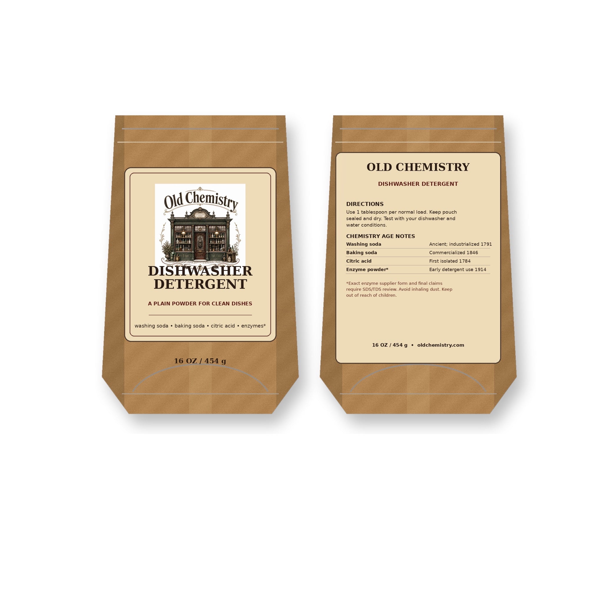Old Chemistry Dishwasher Detergent 16 oz kraft pouch front and back on white background