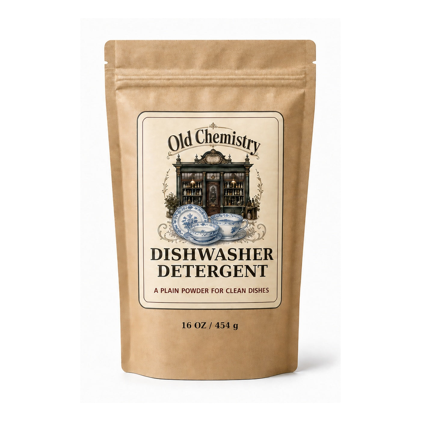 Old Chemistry Dishwasher Detergent front pouch with antique blue and white dishes